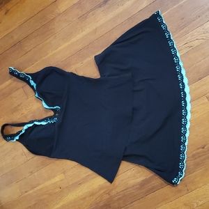 Adorable Swim Tank & Swim Skirt Set Tankini Black & Aqua EUC